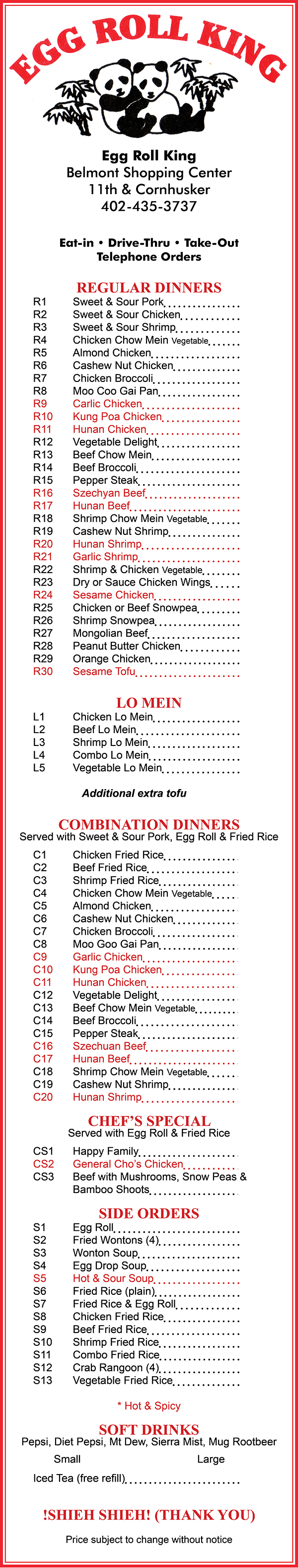 Egg Roll King (North) Menu - Lincoln NE - Provided by Metro Dining Delivery