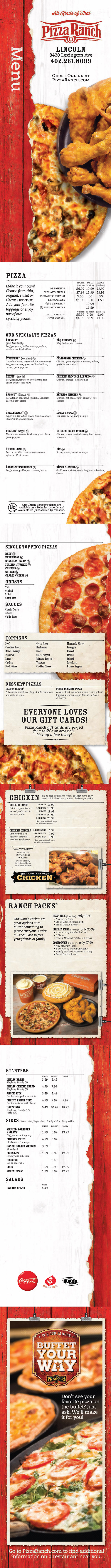 Pizza Ranch Menu Lincoln Nebraska