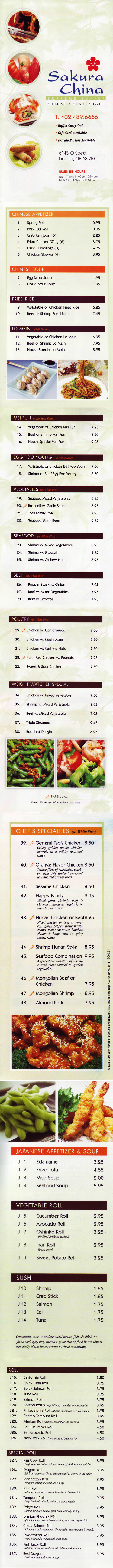 Sakura Chinese Sushi Grill Buffet Menu Lincoln Nebraska